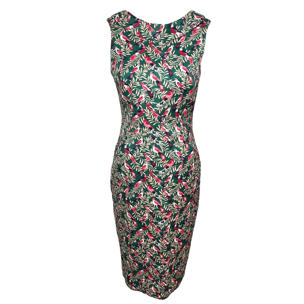 Boden Martha Sleeveless Sheath Dress Size 6 Green Pink Whimsical Bird Retro